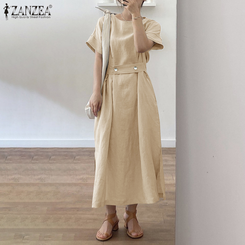Đầm Maxi ZANZEA Dáng Rộng Tay Ngắn Cổ Tròn Phối Túi Bên Cho Nữ | BigBuy360 - bigbuy360.vn
