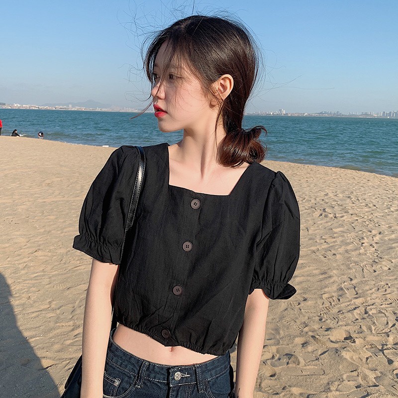 Áo croptop nữ tay phồng áo tay ngắn dễ thương