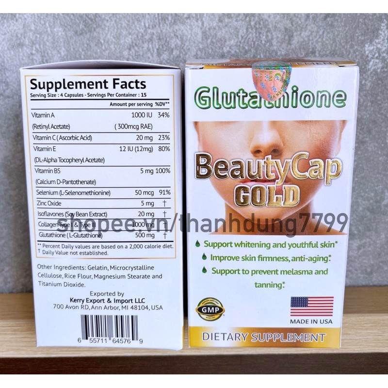 Beautycap gold bổ sung Glutathione, collagen AEC B5 giúp trắng sáng da, giảm thâm, mờ nám, chống lão hoá da