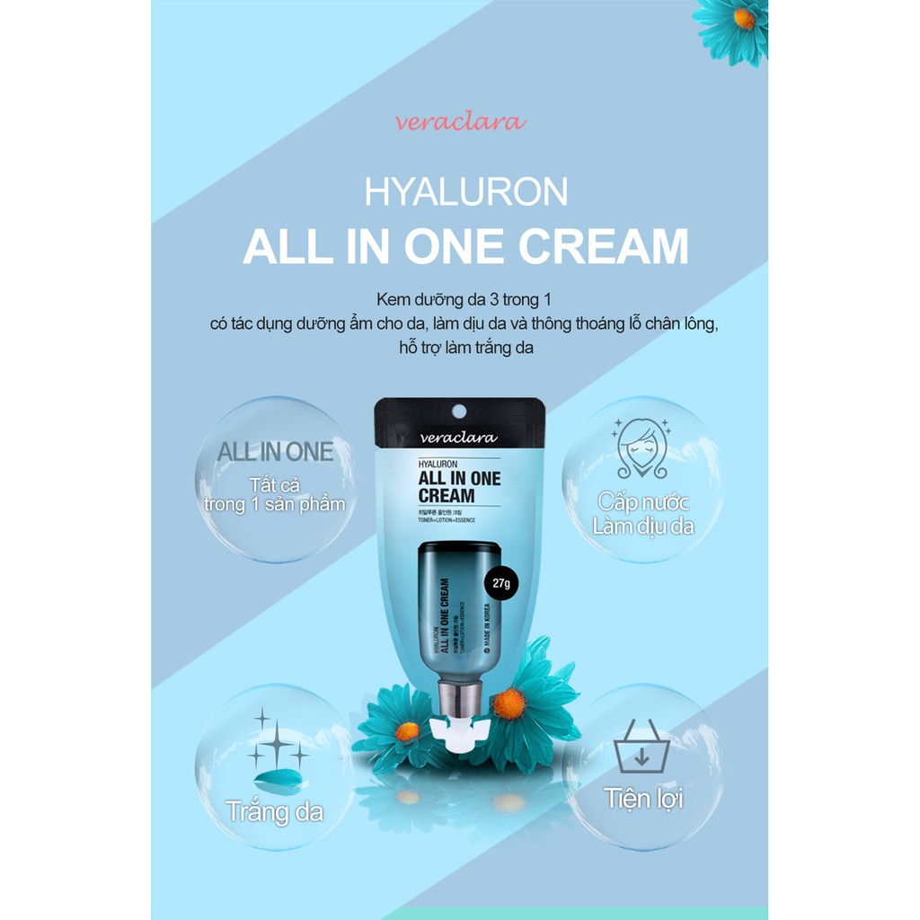 Kem Dưỡng Ẩm, Trắng Da, Sạch Lỗ Chân Lông Veraclara Hyaluron All In One Cream 27g