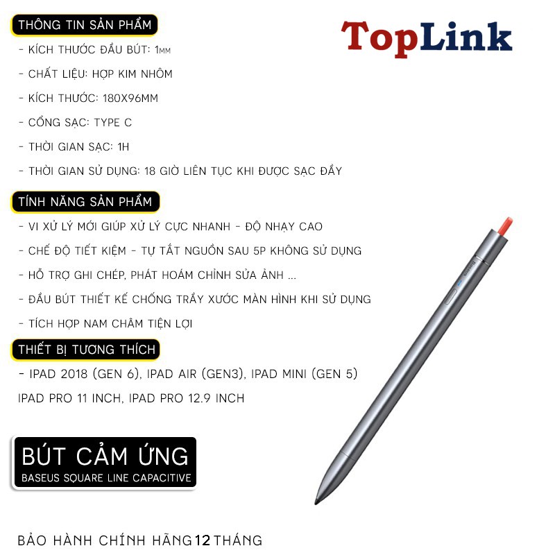 Bút Cảm Ứng Baseus Square Line Capacitive Stylus Pen (Anti Misoperation) Sử Dụng Pin Sạc 140mah Cho Samsung Ipad Pro