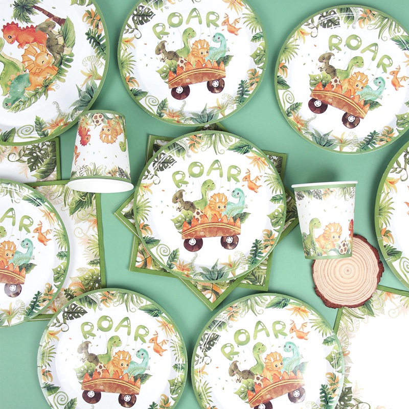 Set 10 Cốc / Đĩa Giấy Dùng Một Lần In Hình Khủng Long Dễ Thương Trang Trí Tiệc Sinh Nhật Cho Bé