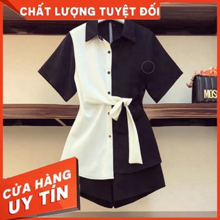 Trending bộ jumpsuit nữ áo phối màu quần đùi, chất đũi áo sơ mi dây eo kèm quần sooc ngắn x040