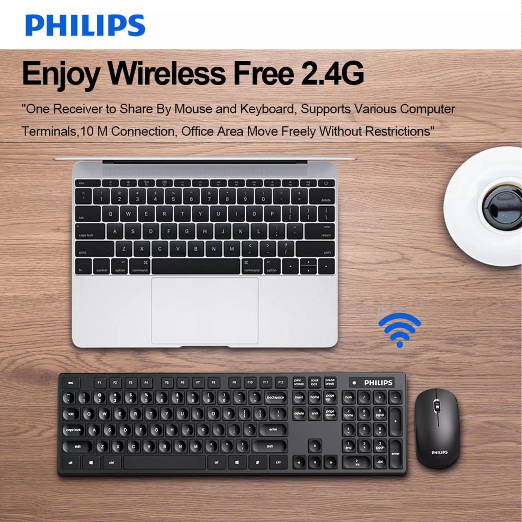 Combo bàn phím và chuột không dây PHILIPS SPT6315 không phát âm thanh khi gõ chống thấm nước - Dùng PC, Laptop, Tivi