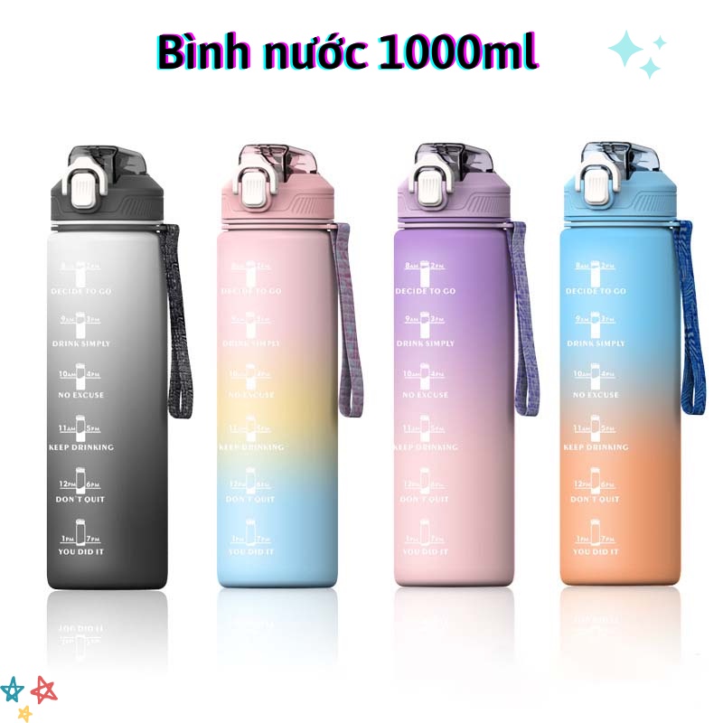 Bình nước thể thao 1 lít, bình đựng nước có vạch báo uống nước có sẵn ống hút nhỏ gọn, bình nước tập gym