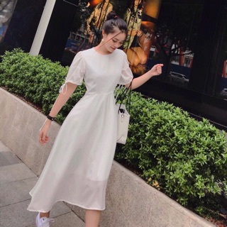 Đầm cam tay nơ (kèm hình thật)