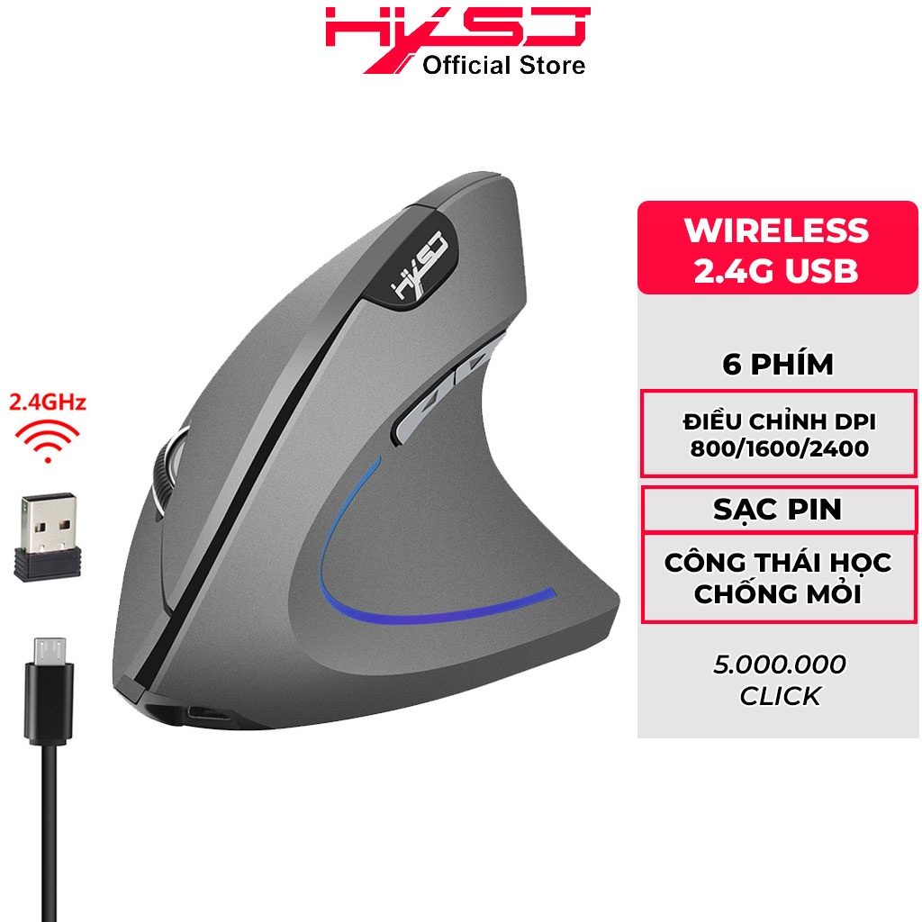 Chuột không dây kiểu đứng HXSJ T22 Sạc pin wireless USB 2.4GHz chống mỏi tay dùng cho pc laptop táo tablet tivi