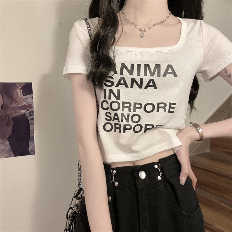 Áo Thun Cotton Nguyên Chất Cổ Vuông Tay Ngắn In Chữ Thời Trang Mùa Hè 2022 Mới