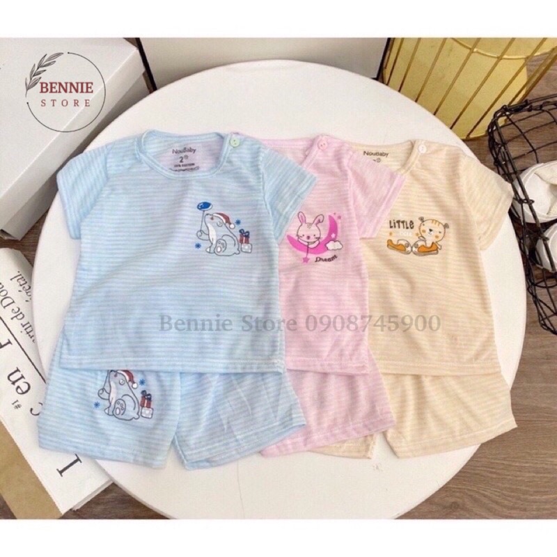 Bộ ngắn tay cho bé (4-14kg) BENNIE STORE Bộ cộc tay cotton giấy cài vai kẻ ngang Noubaby