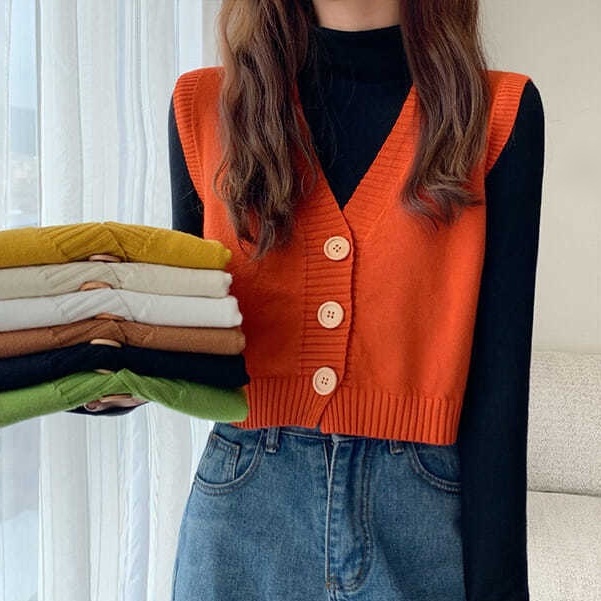 Áo Len Cardigan Không Tay Cổ Chữ V Dáng Ngắn Phong Cách Mới Cho Nữ