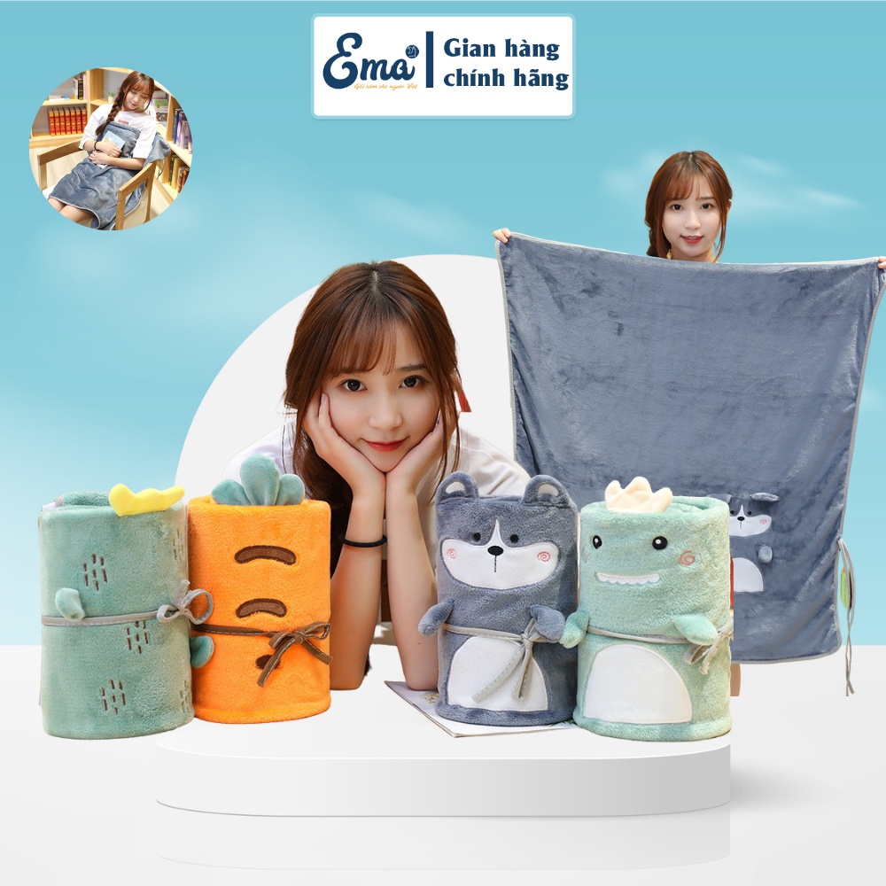 Chăn văn phòng hình thú gấp gọn dễ thương Ema, Chăn ngủ trưa văn phòng kích thước 80x100cm cao cấp