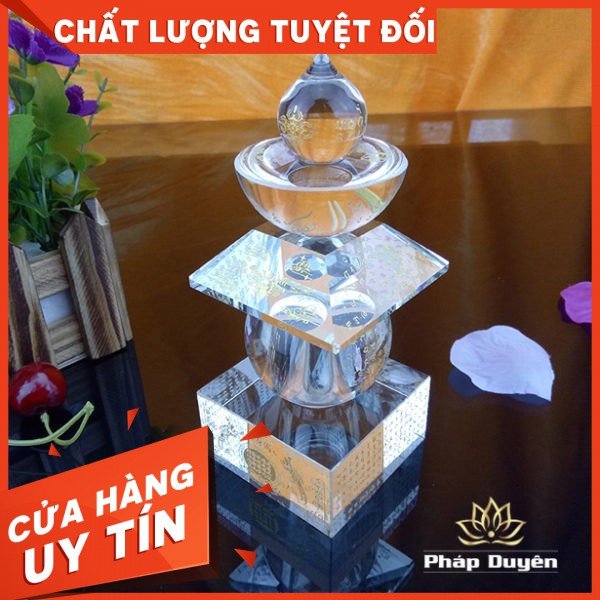 THÁP XA LỢI PHA LÊ KHẮC THẦN CHÚ KÈM ĐẾ LED (15cm) CÒN TRẮNG cao cấp