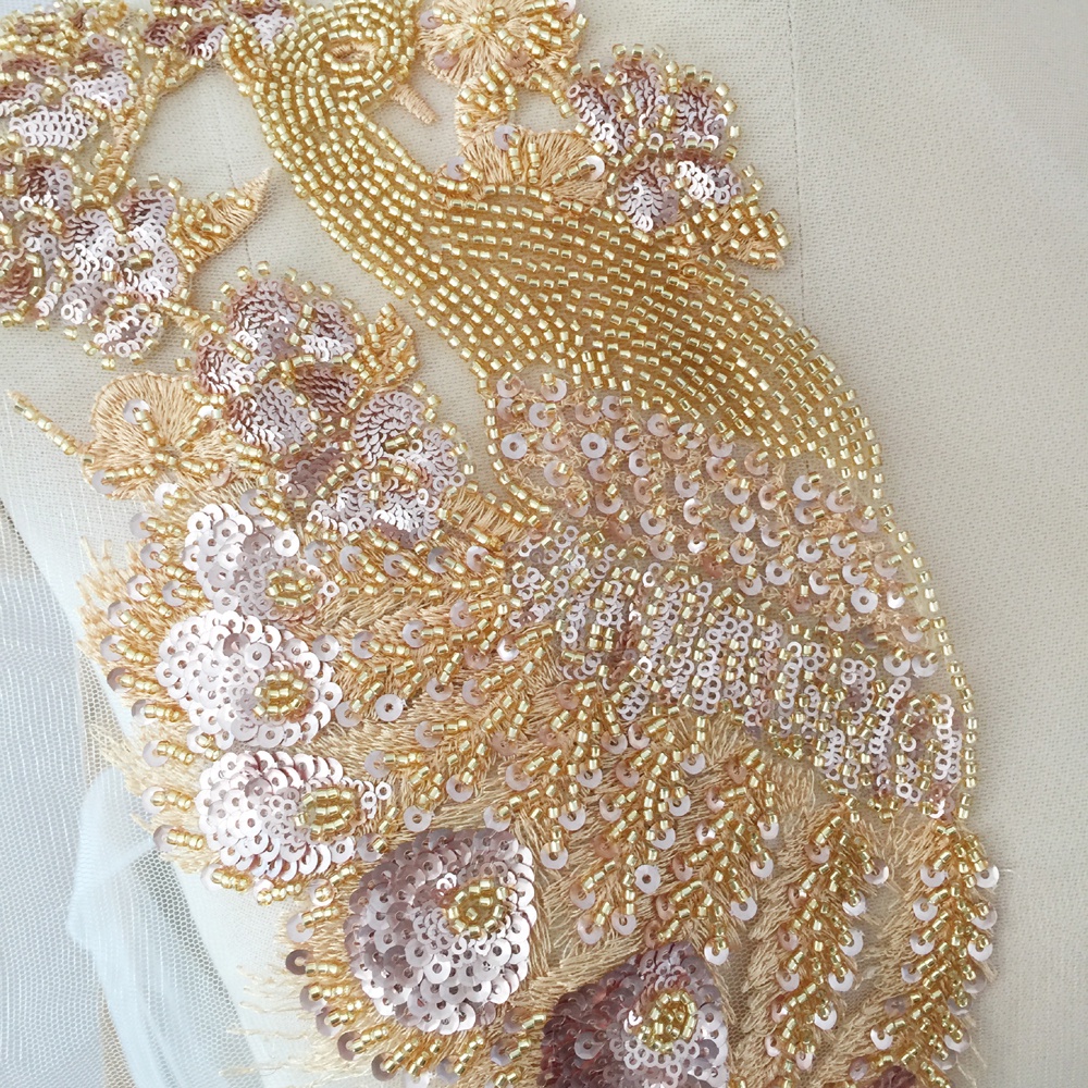 Miếng vá quần áo dạng dán thiết kế con công màu vàng đính đá nhân tạo kích thước 30x15cm