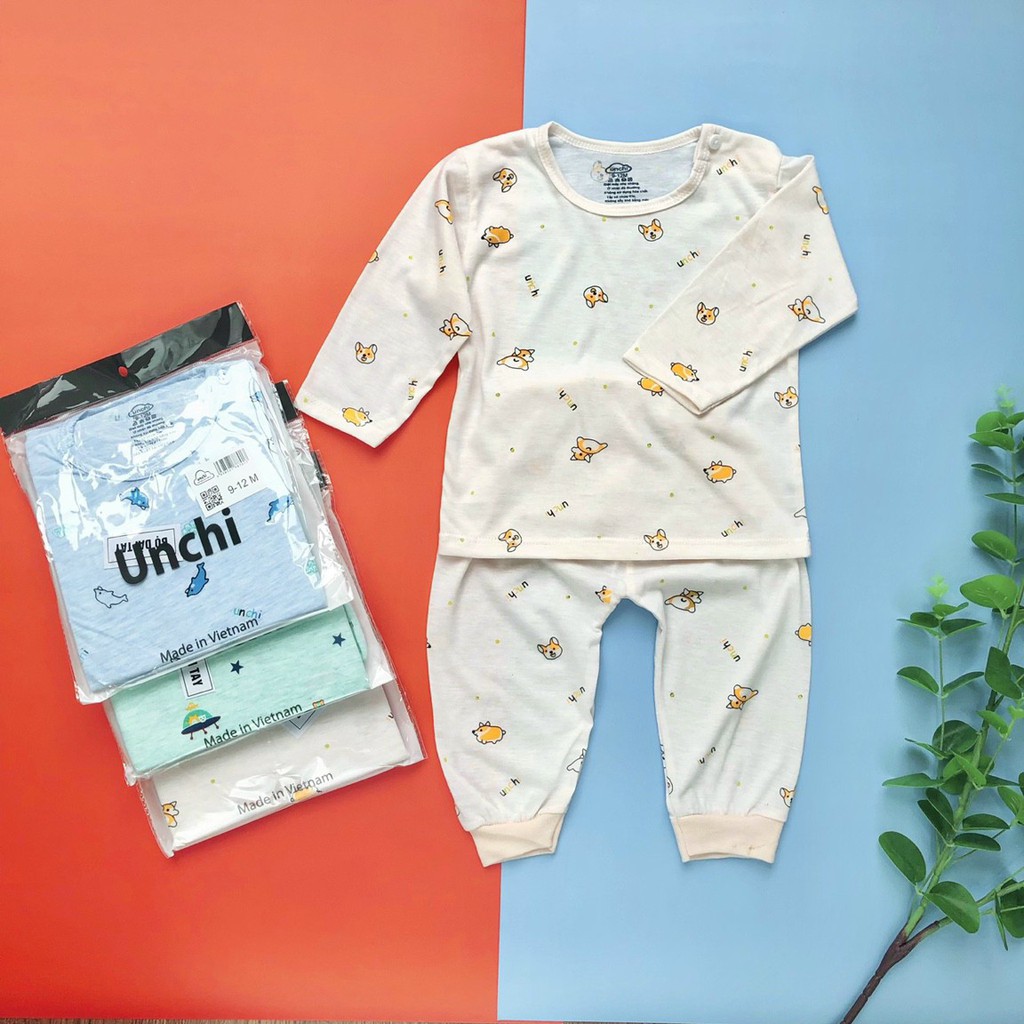 [SALE] Bộ Sơ Sinh Cho Bé Trai, Bé Gái UNCHI Vải Cotton Mềm Xốp Hoạ Tiết Gấu Con, Bộ Dài Tay Cho Bé Thu Đông UNTD2104