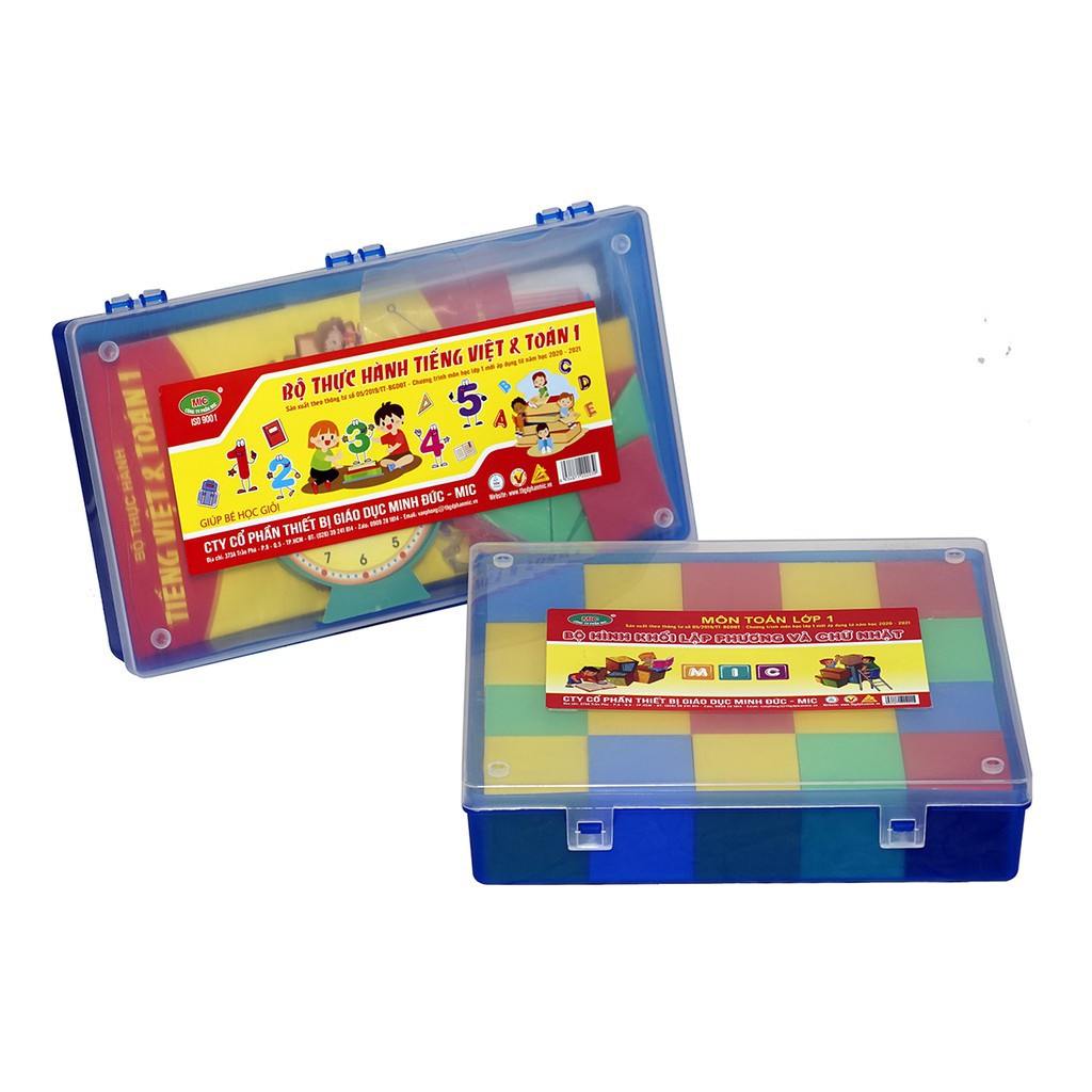 Combo 2 hộp Bộ đồ dùng thực hành Toán và Tiếng Việt và Bộ đồ dùng học Toán Bộ hình khối lập phương và chữ nhật Lớp 1