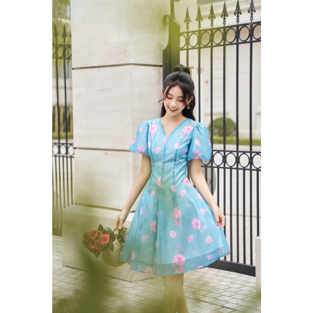 Váy tơ hoa cổ V tay bồng phong cách Hàn quốc chữ A thiết kế tiểu thư nhẹ nhàng màu xanh dương Pansy BlueYAME