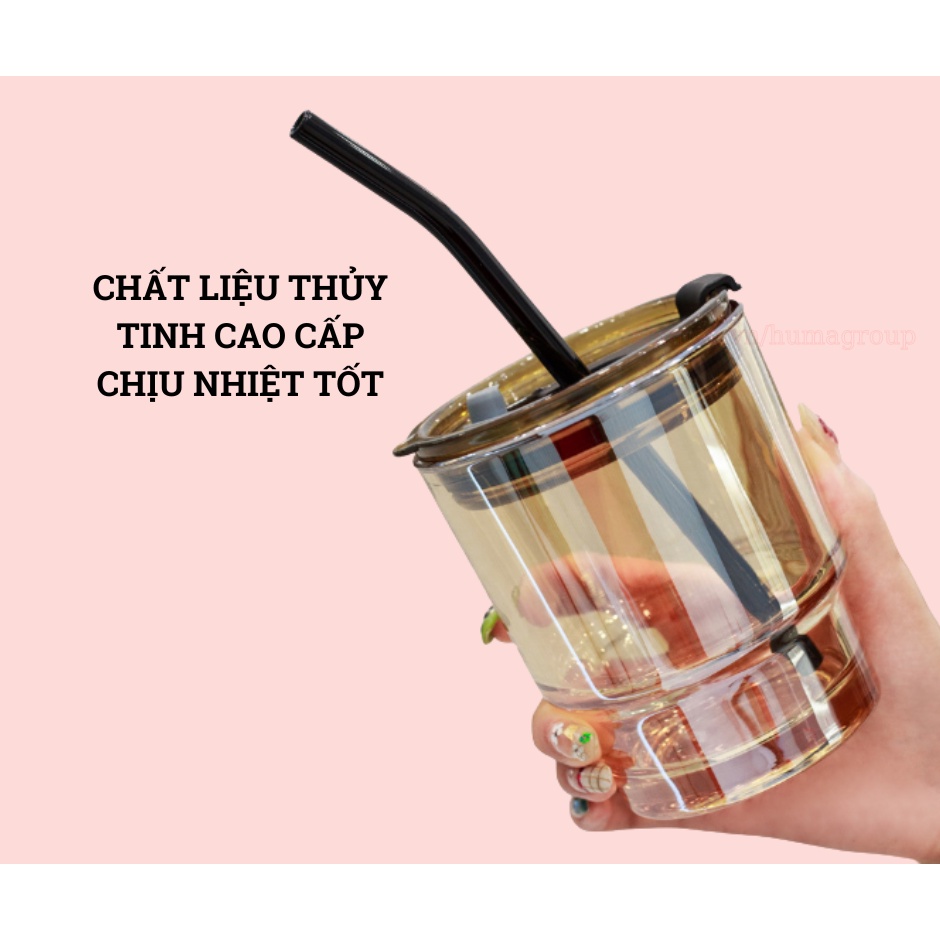 Ly Thủy Tinh Vỏ Da Có Nắm Kèm Ống Hút – Cốc Uống Nước Chịu Nhiệt Bọc Da 450ml