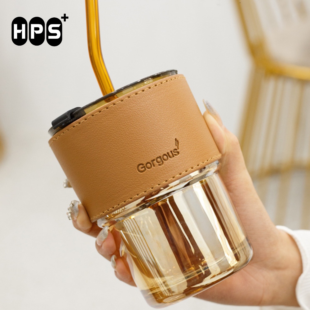 Cốc thủy tinh có ống hút, cốc uống nước màu hổ phách chịu nhiệt cao dung tích 450ml