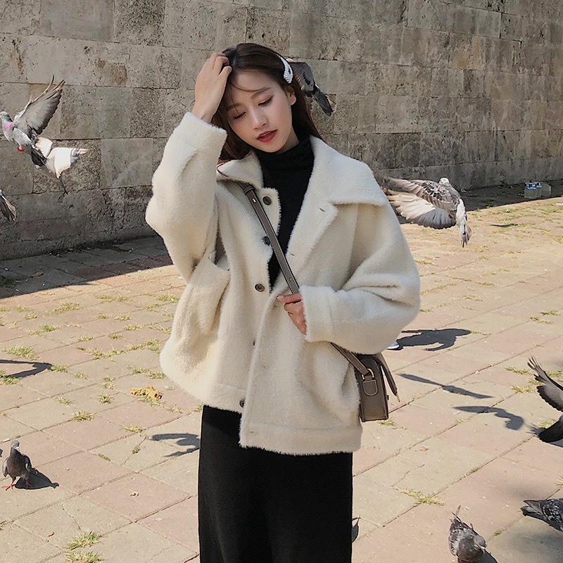 Áo lông tay dài cổ bẻ màu trắng thiết kế khuy cài đen làm áo khoác phối đồ thu đông siêu xinh GUZ