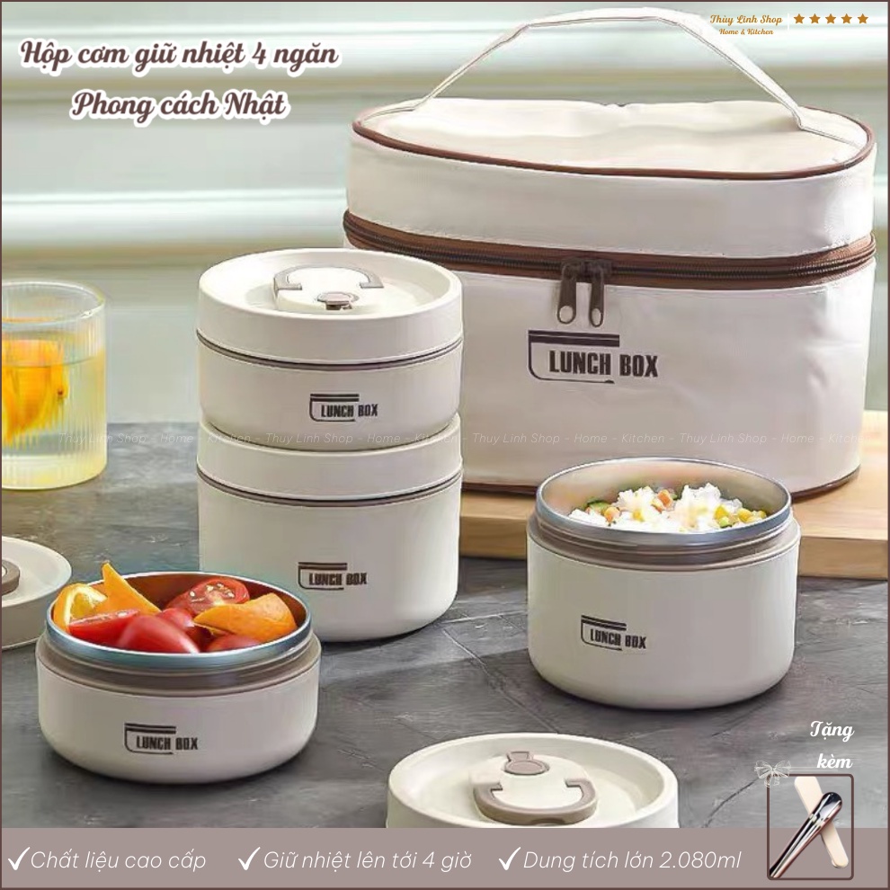 Hộp cơm giữ nhiệt 4 ngăn 2080ml phong cách Nhật, hộp đựng cơm cao cấp, tặng kèm túi cách nhiệt và thìa đũa