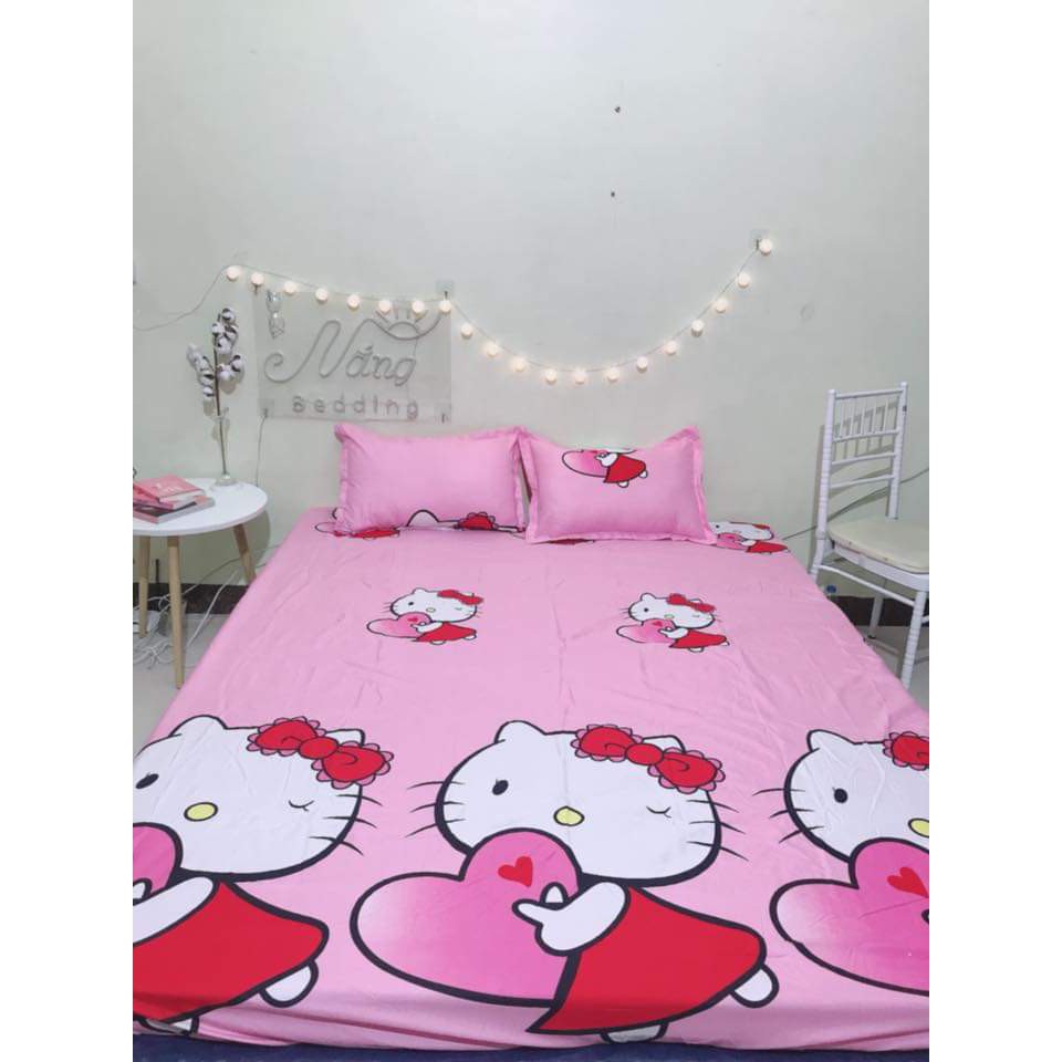 Bộ Ga Gối Mẫu 2021 cotton poly 1m6x2m,1m8x2m-HCM hello kitty ôm tim