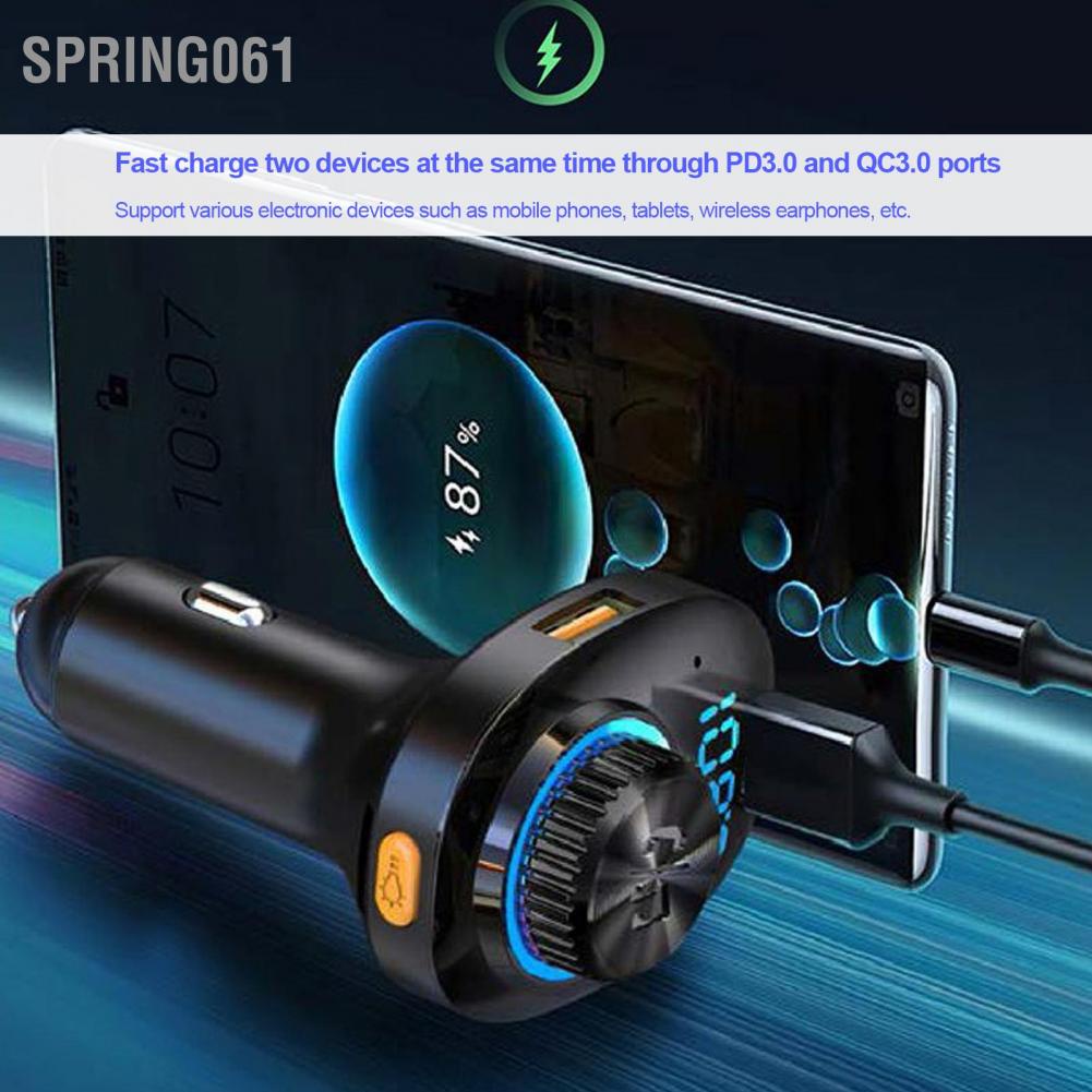 Spring061 Bluetooth 5.0 FM Transmitter 87.5‑108.0MHz Music Adapter PD3.0 QC3.0 Fast Charger Type C Port