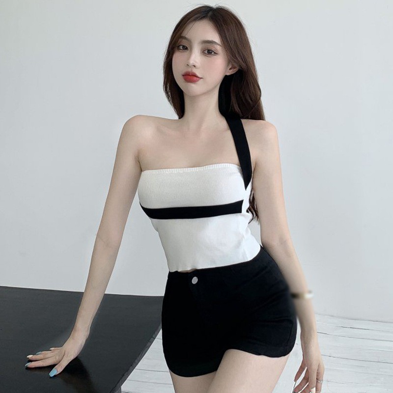 Áo croptop không tay màu sắc tương phản thời trang mùa hè cho nữ