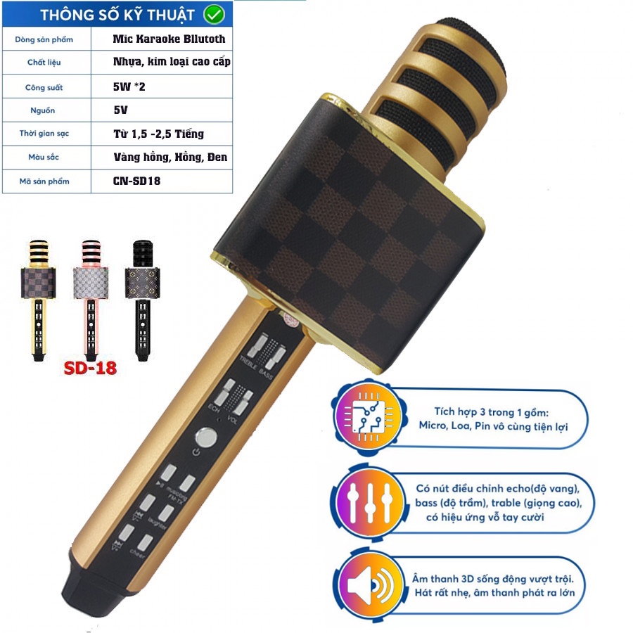 [SIÊU HAY] Micro hát karaoke bluetooth SD18, mic hát livestream trên điện thoại tích hợp loa, Kết nối blt 5.0