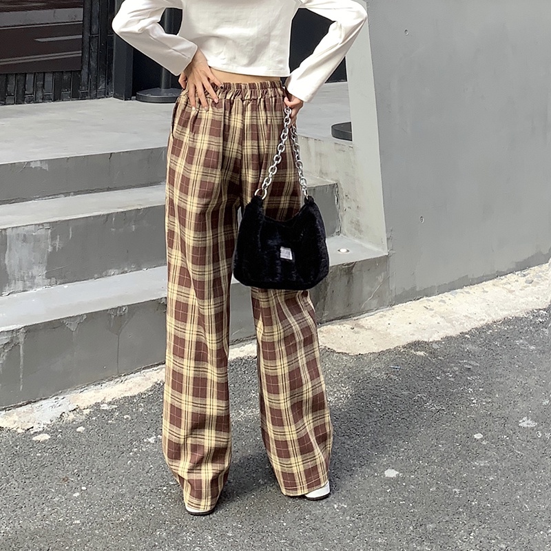 Quần dài SUXI ống rộng họa tiết caro thời trang cổ điển dành cho nữ