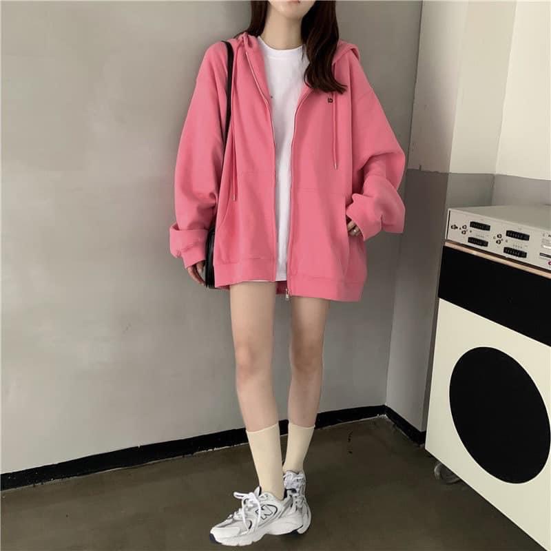 Áo khoác nỉ trơn from rộng UNISEX,áo hoodie kéo khóa OVERSIZE ulzzang màu hồng cam xám cá tính,TONGKHOQUANAONU