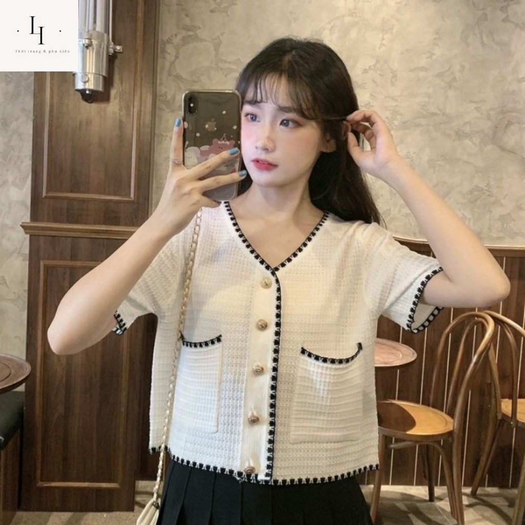 Áo cardigan nữ kiểu croptop dệt kim len mỏng tay ngắn cổ tim chữ V hở eo phong cách thời trang Hàn Quốc cá tính Liaoshop