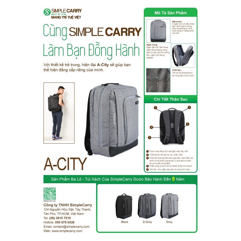 [Chính Hãng] Balo Thời Trang Hàn Quốc Simple Carry A-city Công Sở Laptop 17 Inch