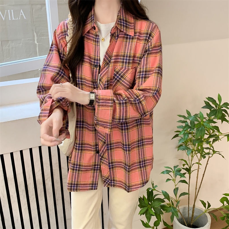 Áo Sơ Mi Caro Tay Dài Dáng Rộng Phong Cách retro Hàn Quốc Cho Nữ
