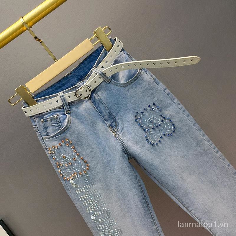European Station Exquisite Rhinestone Jeans for Women2021Summer New High Waist Slim Fit Slimming Thin Ankle-Length Pants【15Shipped Within Days】