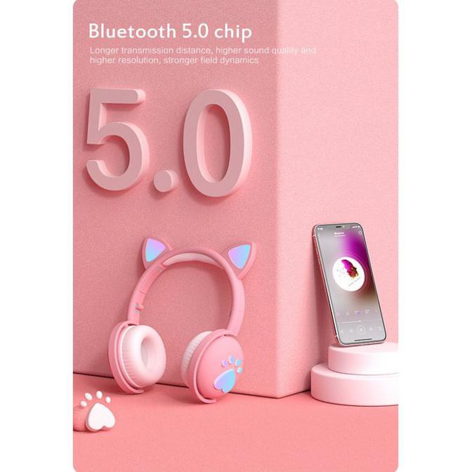 Tai Nghe Bluetooth Không Dây Bk1 Hình Tai Mèo Có Đèn Led Màu Hồng