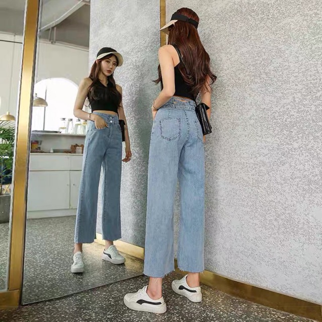 Quần jean bò suông cạp cao 2 cúc dây vắt sau