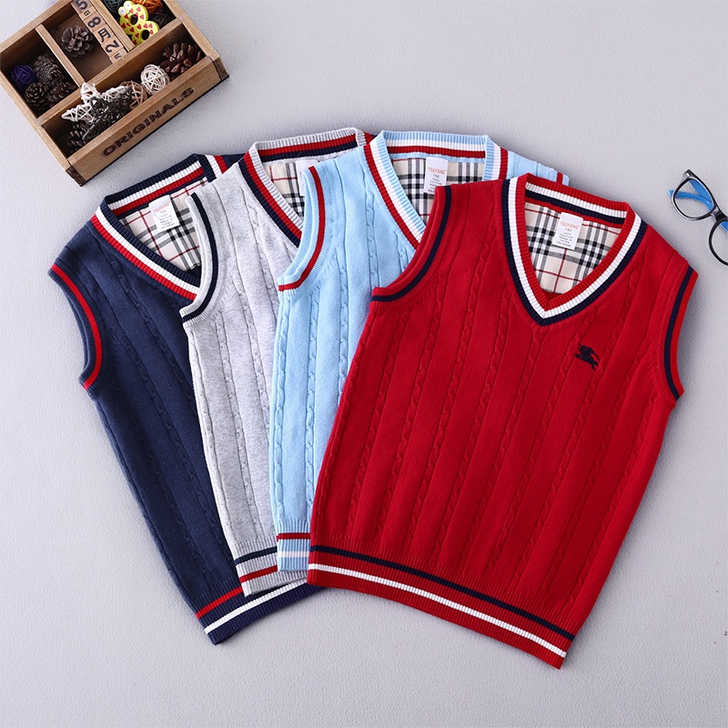 Áo gile len bé trai cổ tim viền kẻ 3-8 tuổi thêu logo ngựa. Gile len cho bé phong cách Hàn Quốc sợi không bai xù