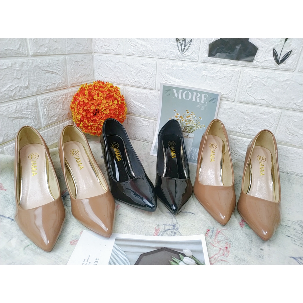 Giày Cao Gót Vuông Công Sở Da Bóng Gót Vuông Cao 5 Phân