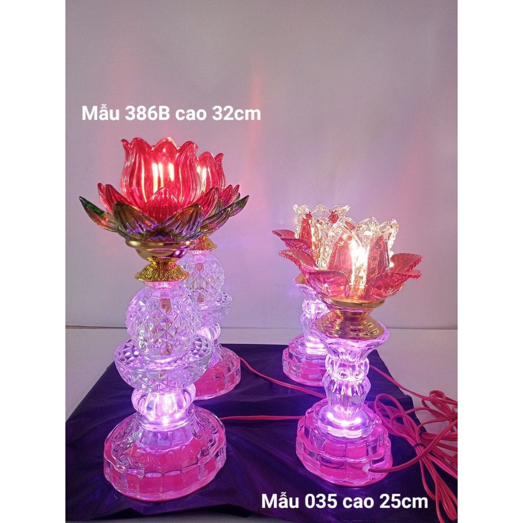 Đèn trang trí, đôi đèn led bàn thờ sen thủy tinh đổi màu ba chức năng cao 25cm - 32cm