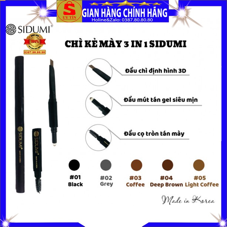 Bút chì kẻ lông mày chân mày 3 đầu phẩy sợi kiêm mascara loại tốt lâu trôi không thấm nước tốt Sidumi hàn quốc 3d 4d xịn
