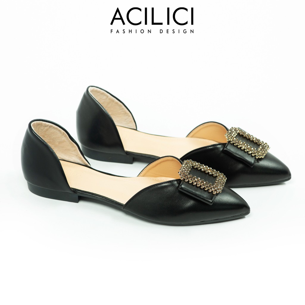 Giày búp bê nữ ACILICI thời trang mũi nhọn, giày da bóng đế bệt coi đính đá kiểu dáng thanh lịch_TC059