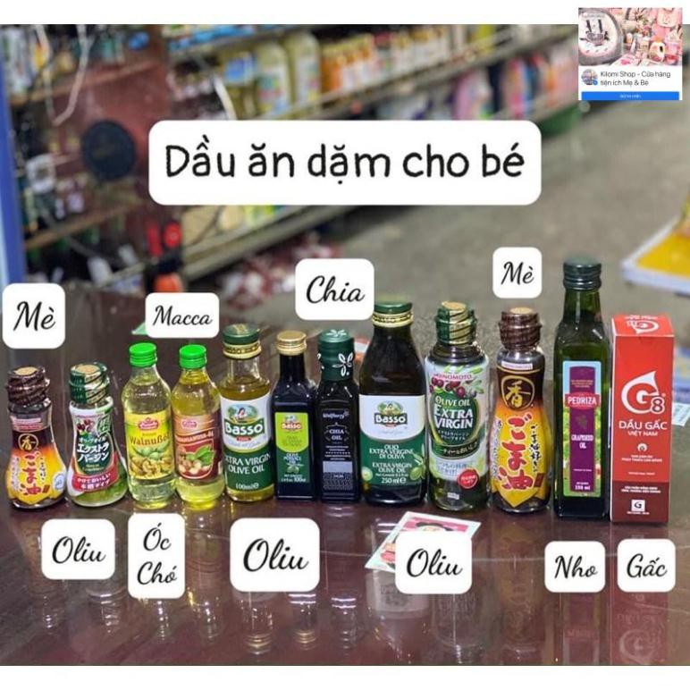 Gia vị ăn dặm - hạt nêm cho bé dầu óc chó, dầu mè, nước tương, dầu oliu, rắc cơm.