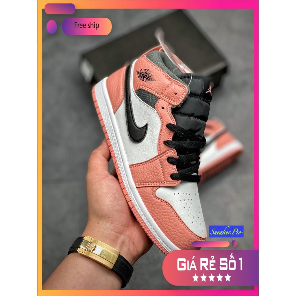 (FULL BOX + QUÀ TẶNG) Giày thể thao Air Jordan 1 Mid Pink Quartz (GS) cổ cao siêu phong cách dành cho nam và nữ