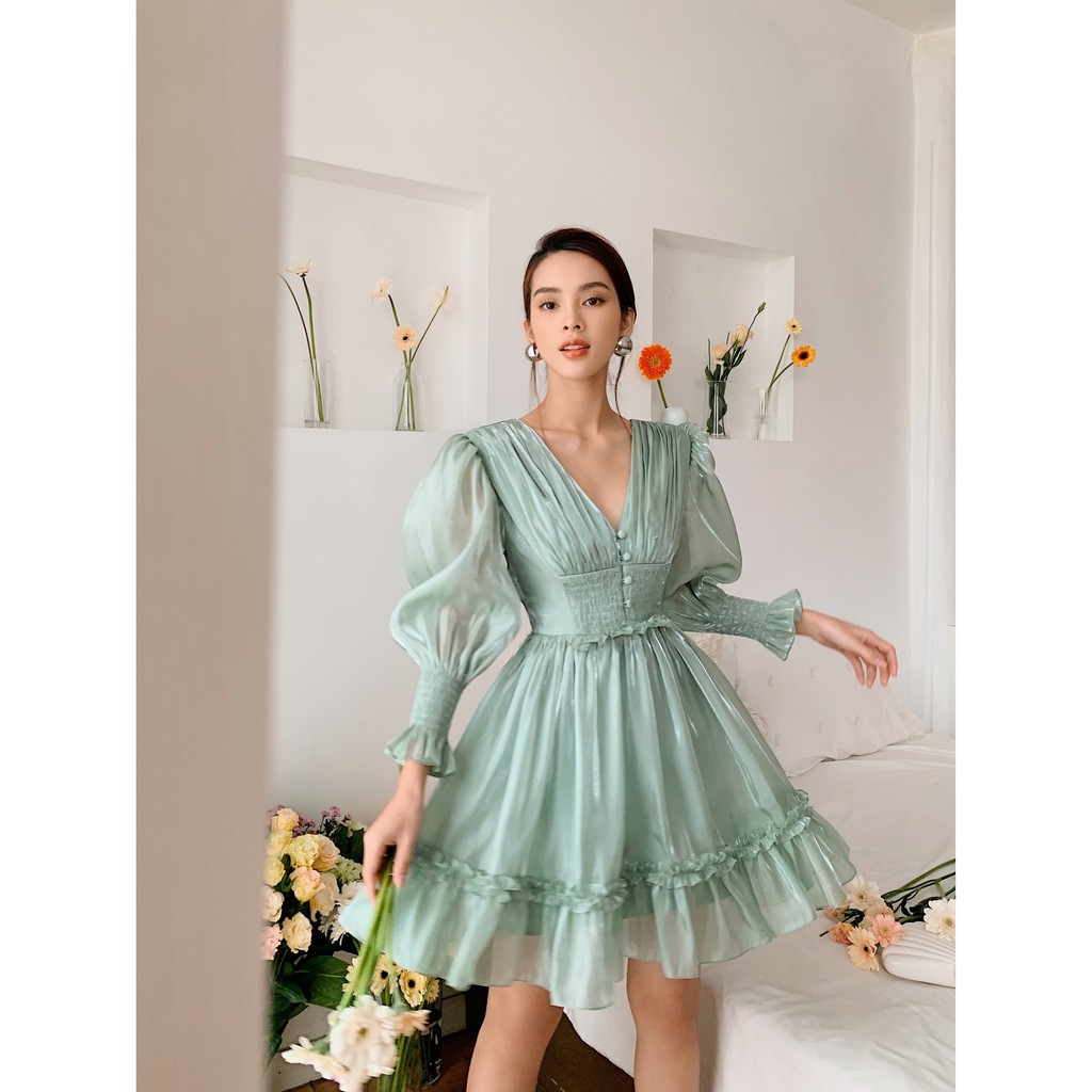 [Mã WABRWA15 giảm 15% đơn 300K] MOLLYNISTA- Đầm Emila organza xanh ngọc nhúm ngực tay dài