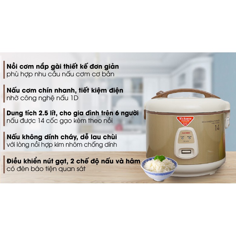 Nồi Cơm Điện CUCKOO 2,5 Lít CR 1413, Hàng Chính Hãng, An Toàn Bền Đẹp