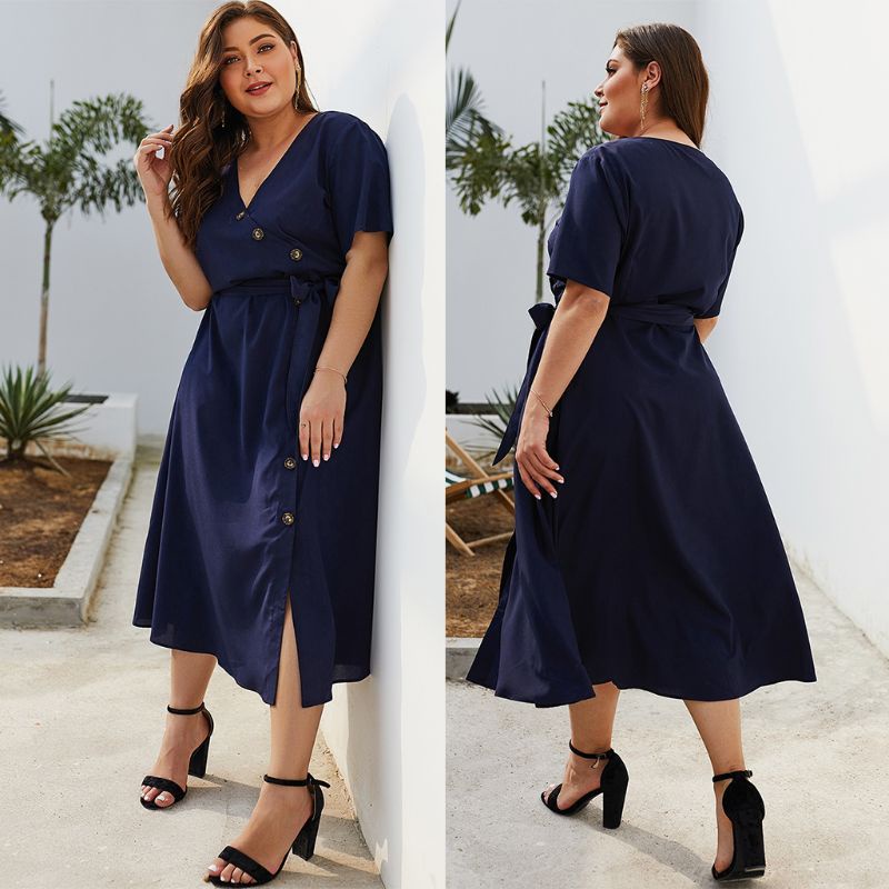 Đầm Midi Tay Ngắn Cổ Chữ V Cài Nút Phong Cách Thời Trang Vintage Dành Cho Nữ Plus Size