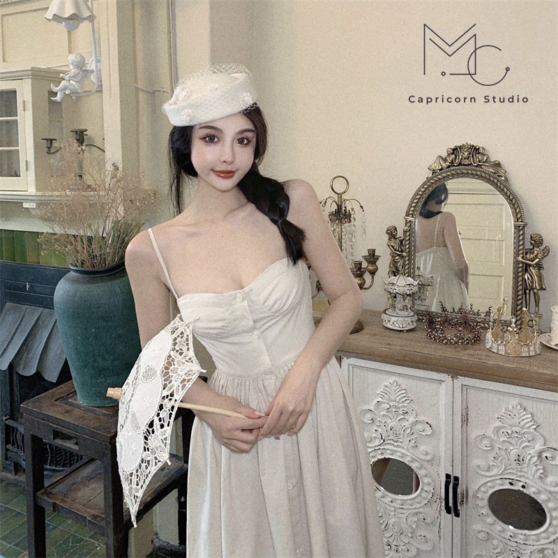 Váy/ Đầm dây màu trắng kiểu sơ mi nhẹ nhàng phong cách retro Pháp