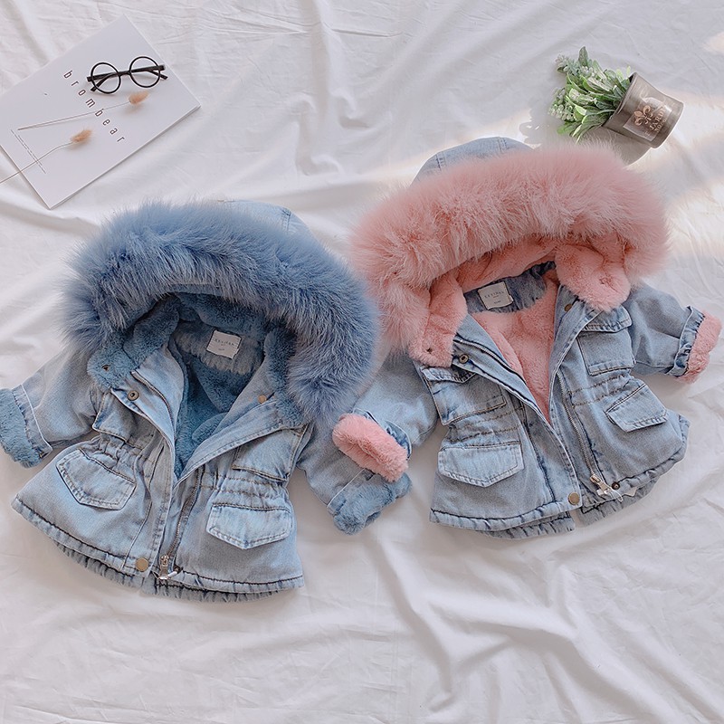 Áo Khoác Denim Phối Nhung Lông Thú Ấm Áp Thời Trang Mùa Đông 2019 Cho Bé Gái 1-4 Tuổi