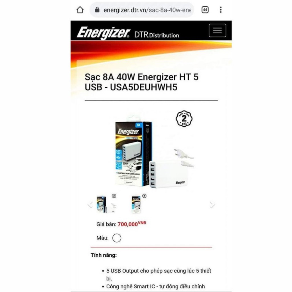 Củ sạc 5 cổng Energizer 40W (5V-8A) tương thích đa thiết bị Fullbox chính hãng - tistore