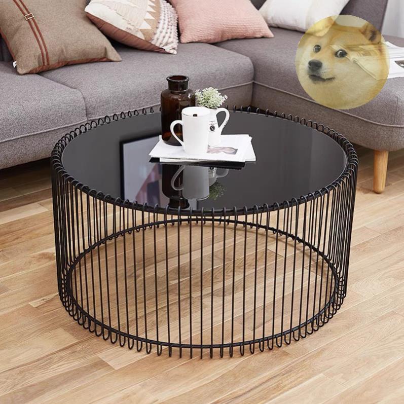 Bàn trà Sofa lồng chim mặt kính tròn sang trọng, khung lưới kẻ sọc cafe phòng khách